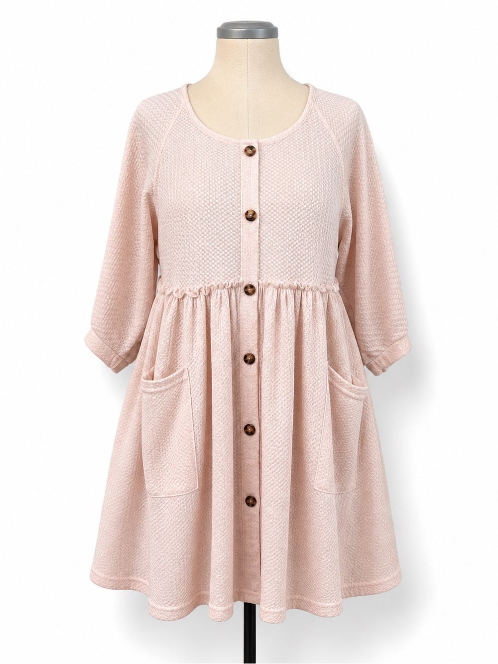 Umgee Blush Waffle Knit Babydoll Dress Medium Oversized Cottagecore Boho Pockets - Picture 2 of 6